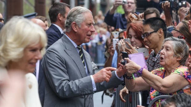 Prince Charles and Camilla meet the crowd in Sydney's Martin Place.