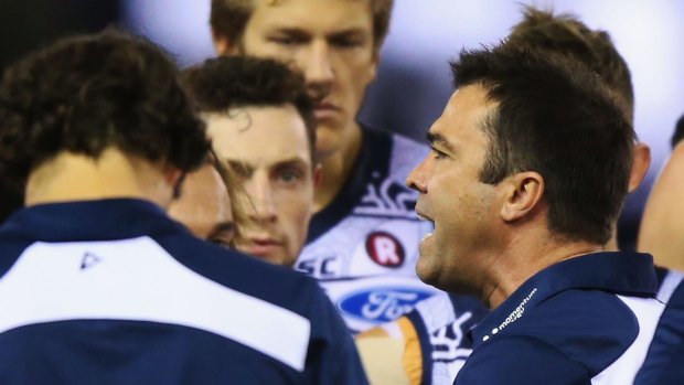 Angry: Chris Scott at quarter time on Sunday.