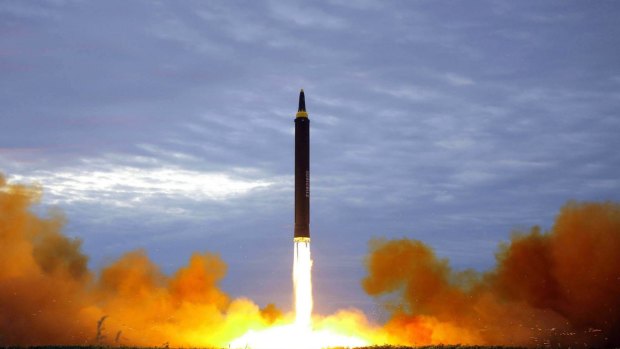 The test launch of a Hwasong-12 intermediate range missile in Pyongyang, North Korea, om August 29.