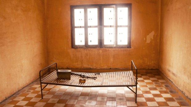 A torture bed in a prison cell at Tuol Sleng (S-21 Prison) in Phnom Penh, Cambodia.