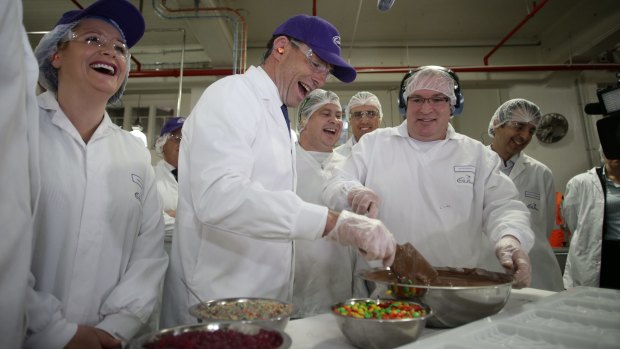 Tony Abbott at the Cadbury plant when making the $16 million election promise.