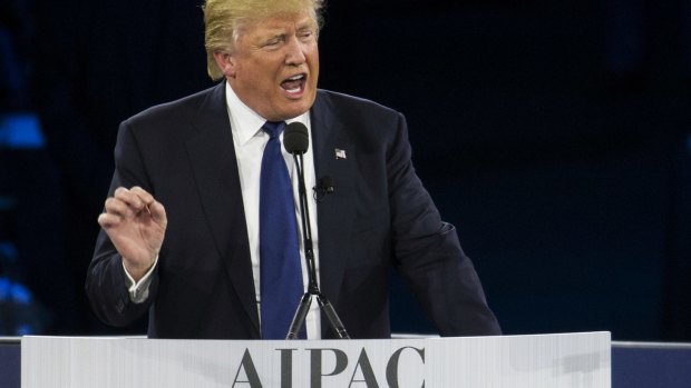 Republican presidential candidate Donald Trump addresses the American Israel Public Affairs Committee's policy conference in Washington on Monday.