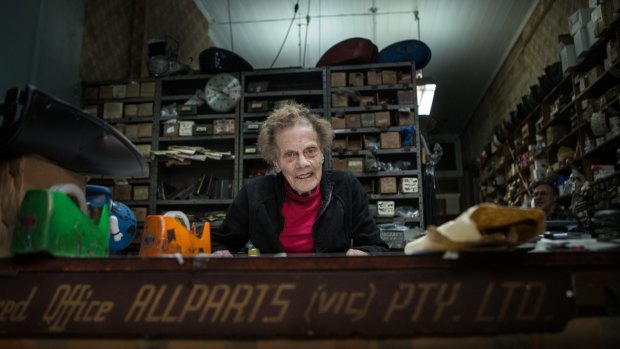 Jean Beanham, 92, at work at her desk at Modak Motorcycles. 