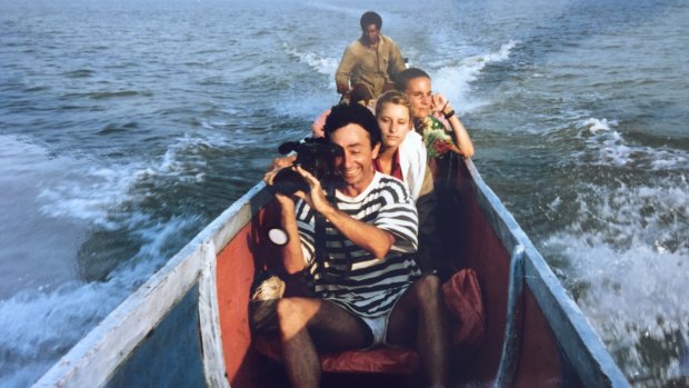 Joel Peterson (front), Tracey Holloway (director), Kirsty Sword Gusmao (interpreter), on the Braza River, Asmat region, West Papua, 1990, filming <i>Arrows Against the Wind</I>.
