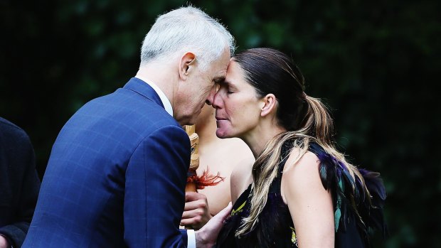 Prime Minister Malcolm Turnbull receives a Maori hongi during an official ceremony at Government House in Auckland, New Zealand.