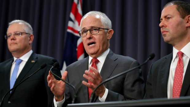 Treasurer Scott Morrison, Prime Minister Malcolm Turnbull and Minister for Environment and Energy Josh Frydenberg address the media on Wednesday.