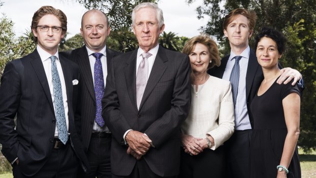 Family of Katrina Dawson, who died during the Lindt Cafe siege last December. From left, Sandy Dawson, Paul Smith, Sandy Dawson Snr, Jane Dawson, Angus Dawson and wife Nikki Dawson. 