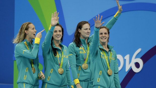 From left: Australia's Emma McKeon, Brittany Elmslie, Cate Campbell and Bronte Campbell take gold in the women's 4x100m freestyle relay in Rio.