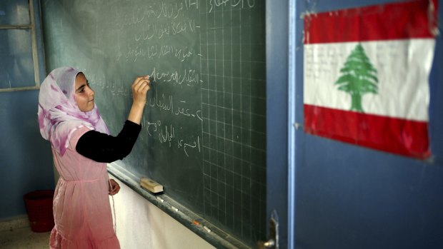 A Syrian refugee in a classroom in northern Lebanon.