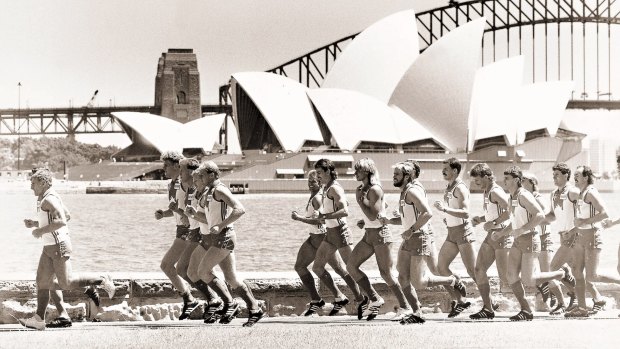Tough times: The Swans train near the Opera House in 1986.