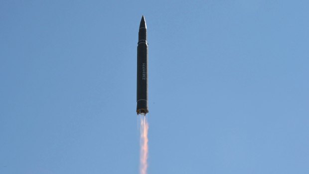 This photo distributed by the North Korean government shows what was said to be the launch of a Hwasong-14 ICBM.