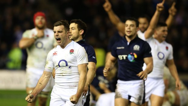 All white on the night: George Ford celebrates his team's victory as the final whistle blows.