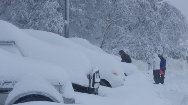 Falls Creek car park after a blizzard on Sunday.