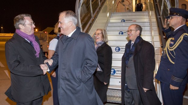 Malcolm Turnbull arrives at Le Bourget Airport in Paris ahead of the UN climate conference,  accompanied by his wife Lucy and welcomed by Australian ambassador in France, Stephen Brady.