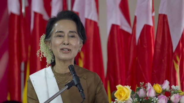National League for Democracy party (NLD) leader Aung San Suu Kyi speaking in Yangon on Monday  at a ceremony to mark Myanmar's 68th anniversary of Independence.