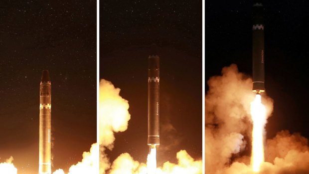 This combination of images provided by the North Korean government on Thursday shows the Hwasong-15 launch.