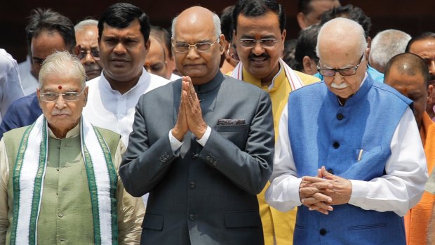 India's new president Ram Nath Kovind, centre, is flanked by senior Bharatiya Janata Party leaders M.M. Joshi, left, and L.K. Advani as he files his nomination papers in June.