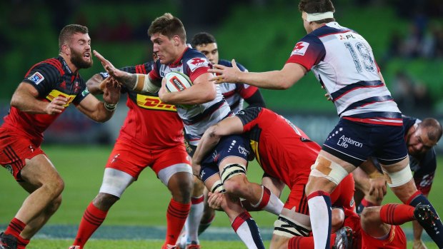 Grunt work: Sean McMahon of the Rebels enters the fray against the Stormers at AAMI Park.