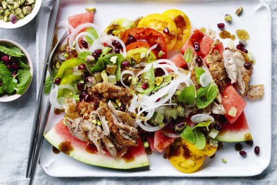 Crispy confit duck salad with gin-pickled watermelon.