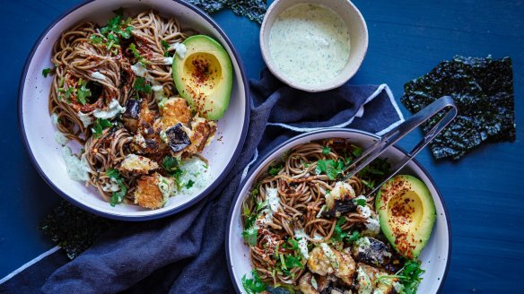 Japanese-inspired eggplant noodle bowls.