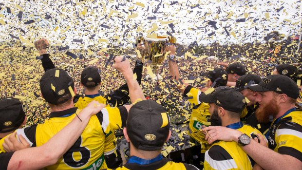 The premiership cup is raised at Richmond's Family Day at Punt Road Oval on Sunday,