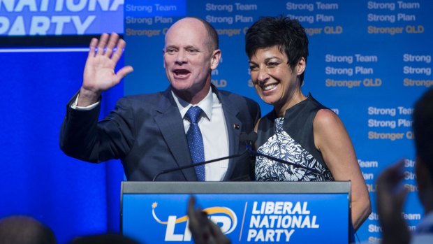 Campbell Newman, with his wife Lisa, waving goodbye to his political career following the LNP's 2015 state election loss.