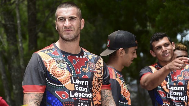 Joel Thompson and members of the Indigenous All Stars team at a pre-game camp at Stradbroke Island earlier this month.