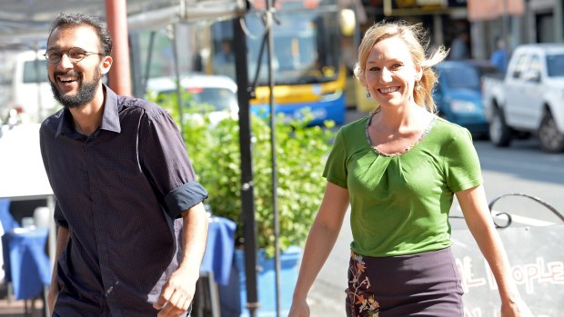 Councillor-elect Jonathan Sri and Senator Larissa Waters are celebrating the Greens' victory in The Gabba.