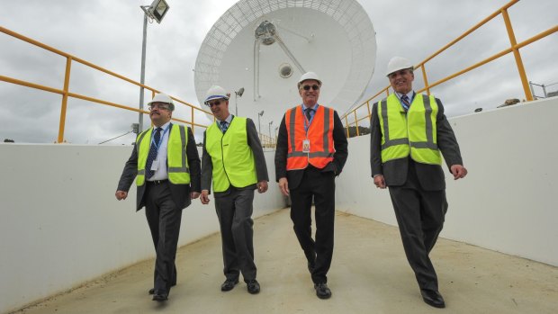Badri Younes, Dr Ed Kruzins, Dr David Williams and Pete Vrotsos officially open Canberra's new $55 million deep space communication dish. 