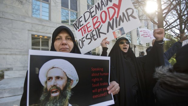A rally in front of the Saudi Arabian embassy in Washington protests against mass executions in the Middle East nation.
