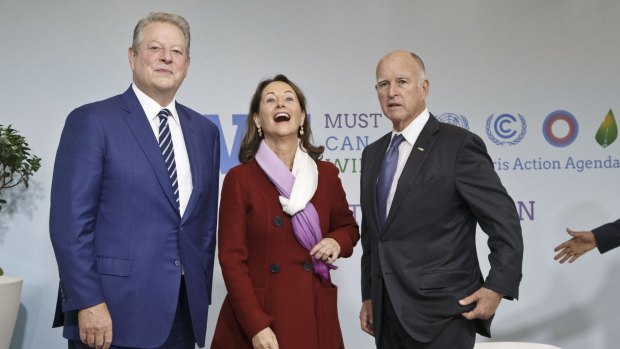 Former US Vice-President Al Gore, French Environment Minister Segolene Royal and Californian Governor Edmund Brown at the climate conference.