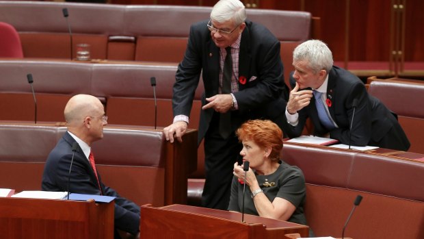 Liberal Democrat senator David Leyonhjelm shares views with One Nation senators Brian Burston, Pauline Hanson and Malcolm Roberts.