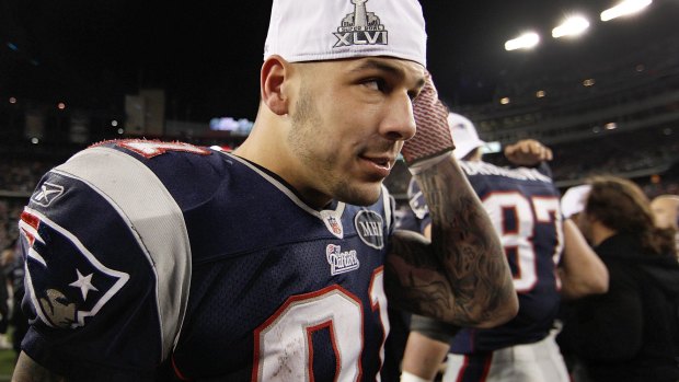 Aaron Hernandez, pictured after the AFC Championship game in 2012. His New England Patriots side went on to lose the Super Bowl game.