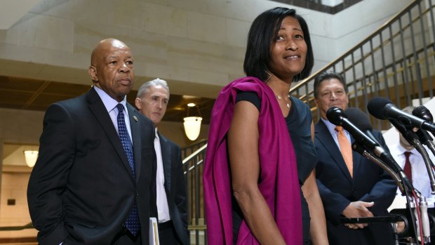 Former Clinton aide Cheryl Mills speaks to reporters on Capitol Hill after her deposition before the House of Representatives panel investigating the Benghazi attacks. 