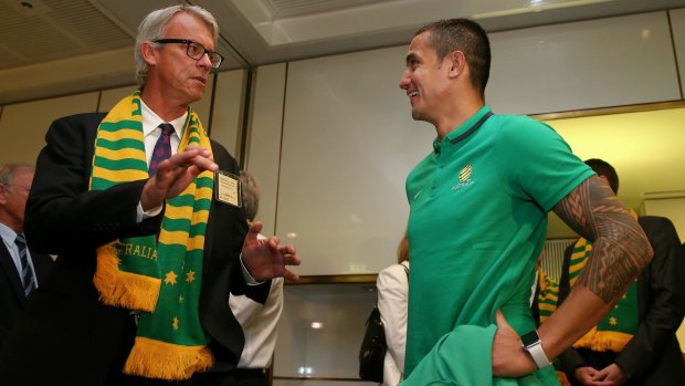 FFA boss David Gallop greets Socceroo star Tim Cahill during the Friends of Parliament event with the Socceroos at Parliament House in Canberra.