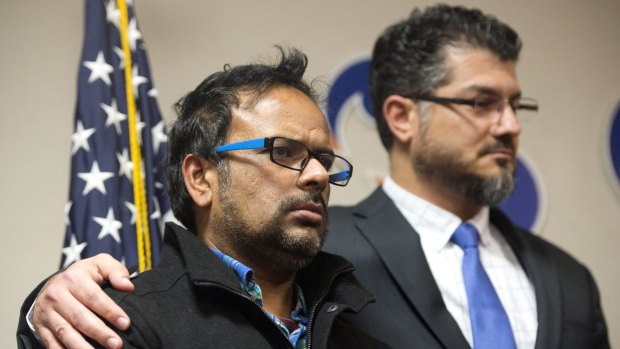Farhan Khan, left, brother-in-law of one of the suspects involved in a shooting in San Bernardino.