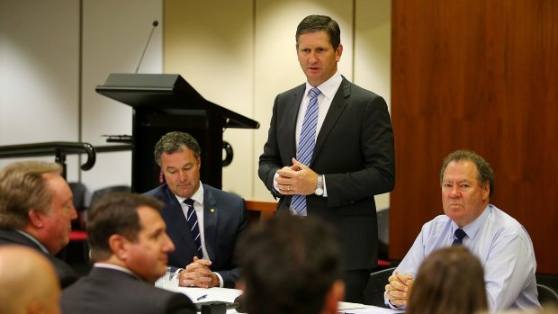 Opposition Leader Lawrence Springborg addresses the first LNP party room meeting since the Palaszczuk government was sworn in.