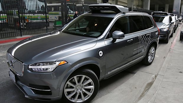 An Uber driverless car heads out for a test drive in San Francisco.