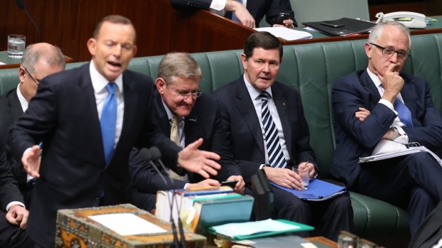 Prime Minister Tony Abbott and Malcolm Turnbull during question time before the announcement of the spill.