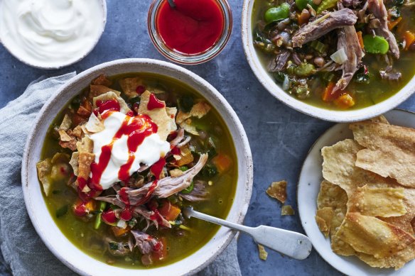 Spring lamb and lentil soup served with toasted mountain bread, yoghurt and sriracha.