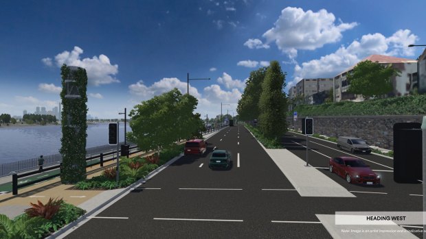 Artists' impression of the Kingsford Smith Drive widening, with pedestrian and cycling facilities to the right.