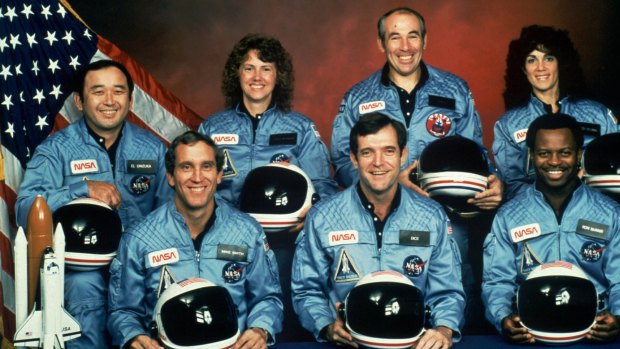 All members of the Challenger crew were killed when the shuttle exploded during launch. Front row from left: Michael J. Smith, Francis R. (Dick) Scobee, and Ronald E. McNair. Back row from left: Ellison Onizuka, Christa McAuliffe, Gregory Jarvis, and Judith Resnik.