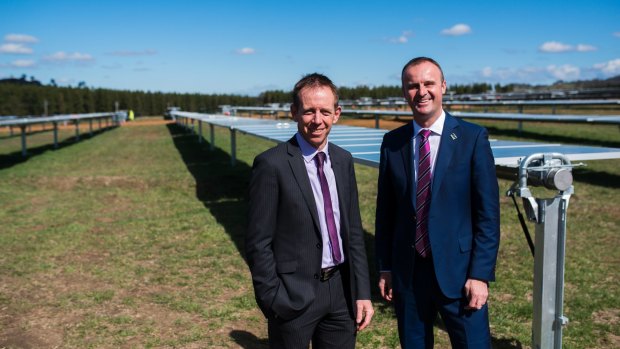 Ministers Shane Rattenbury and Andrew Barr at the Mugga lane solar farm in October 2016.