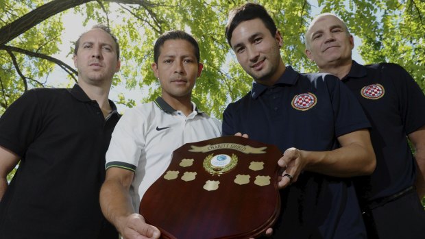 Gungahlin United coach Mitch Stevens and player Marcel Munoz, and Canberra FC captain Aidan Brunskill and coach Zoran Glavinic will be competing for the inaugural Capital Football charity shield on Friday night.