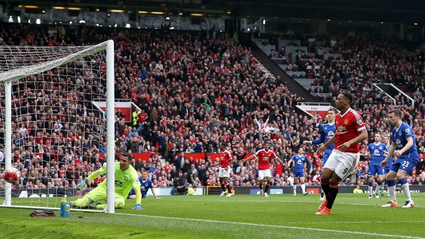 Anthony Martial scores for Manchester United against Everton at Old Trafford on Sunday.