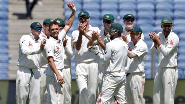 Star turn: Steve O'Keefe celebrates his fifth wicket after dismissing Ravindra Jadeja.