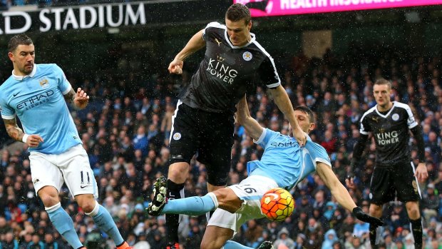 Robert Huth scores during the match between Manchester City and Leicester City.