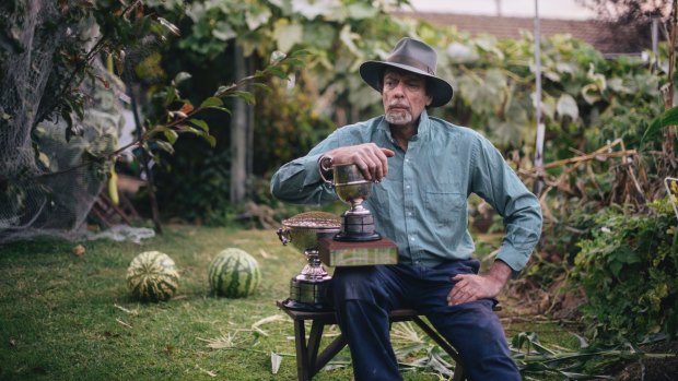 Roger Thomson in his garden in Yarralumla with the cups he won at the recent Canberra Horticultural Society show.