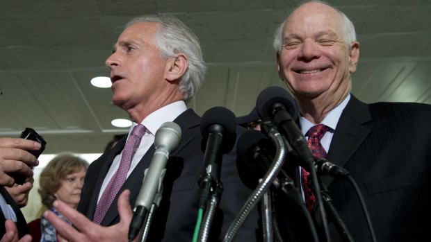 Republican Senate foreign relations committee chairman Bob Corker, left, with the committee's ranking Democrat Ben Cardin after the meeting.