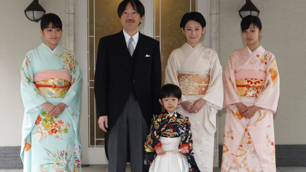 Japan's Prince Hisahito, wearing a traditional ceremonial attire, with his parents, Prince Akishino, Princess Kiko, his sisters Princess Mako, left, and Princess Kako, right, after attending "Chakko-no-gi" ceremony to celebrate his passage from infancy to childhood in 2011.